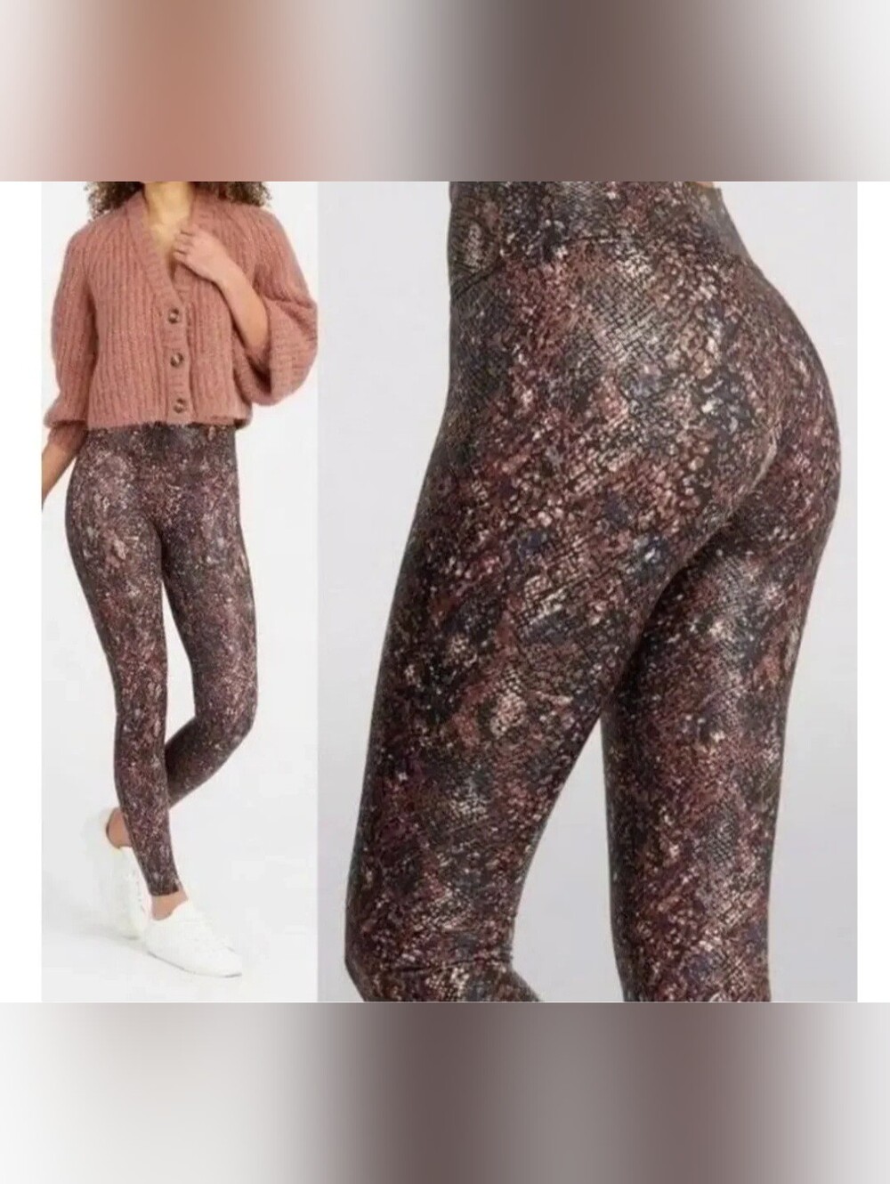 SPANX Faux Leather Snake Shine Leggings Mocha Snake Size Medium